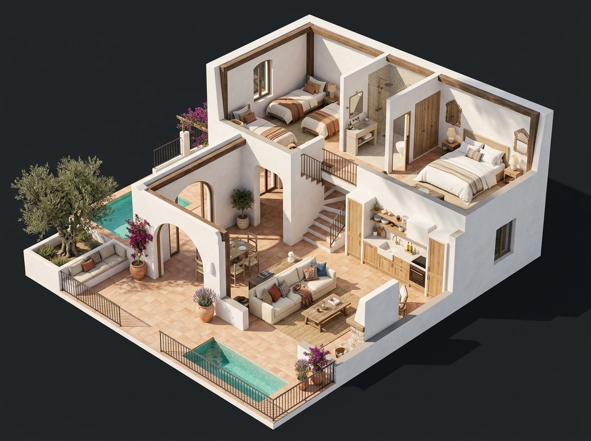 Modello 3D navigabile di una villa — vista dollhouse con ambienti sezionati